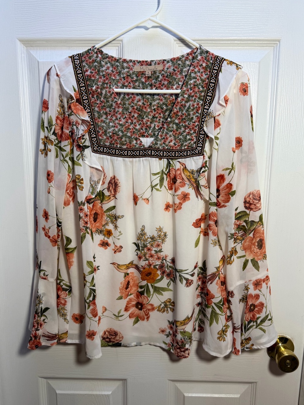 Floral Peasant Blouse - White with Coral Floral Print
